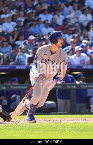 31 2025. August: Kyle Tucker (30), der in Chicago Right Fielder spielt, bekommt einen Hit während des Spiels zwischen den Chicago Cubs und den Colorado Rockies im Coors Field in Denver Co. David Seelig/Cal Sport Medi Stockfoto
