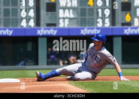 August 31 2025: Kyle Tucker (30), der in Chicago Right Field spielt, wird im Spiel zwischen den Chicago Cubs und den Colorado Rockies im Coors Field in Denver Co. Auf den zweiten Platz. David Seelig/Cal Sport Medi Stockfoto