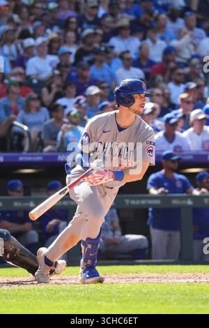 31 2025. August: Kyle Tucker (30), der in Chicago Right Fielder spielt, bekommt einen Hit während des Spiels zwischen den Chicago Cubs und den Colorado Rockies im Coors Field in Denver Co. David Seelig/Cal Sport Medi Stockfoto