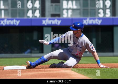 August 31 2025: Kyle Tucker (30), der in Chicago Right Field spielt, wird im Spiel zwischen den Chicago Cubs und den Colorado Rockies im Coors Field in Denver Co. Auf den zweiten Platz. David Seelig/Cal Sport Medi Stockfoto