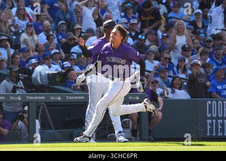 August 31 2025: Colorado zweiter Baseman Ryan Ritter (8), der den dritten Platz erreichte, um den Siegerlauf während des Spiels zwischen den Chicago Cubs und den Colorado Rockies im Coors Field in Denver Co. Zu erzielen. David Seelig/Cal Sport Medi(Bild: © David Seelig/Cal Sport Media/Cal Sport Media)cx (Bild: © David Seelig/Cal Sport Media/Cal Sport Media) Stockfoto