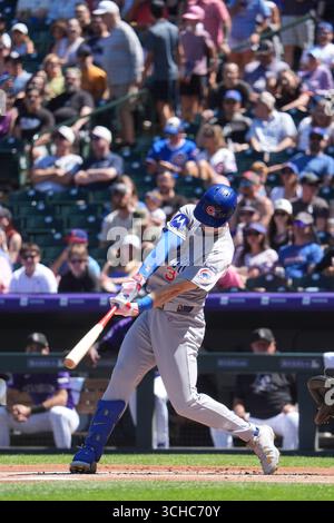 31 2025. August: Kyle Tucker (30), der in Chicago Right Fielder spielt, bekommt einen Hit während des Spiels zwischen den Chicago Cubs und den Colorado Rockies im Coors Field in Denver Co. David Seelig/Cal Sport Medi Stockfoto