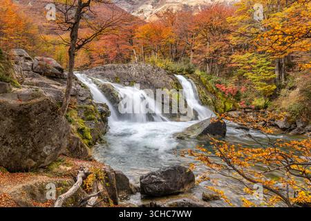 Salto Argentino Wasserfall in der Nähe von El Chalten im Tal des Rio de las Vueltas, außerhalb des Nationalparks Los Glaciares in der patagonischen Region Arg Stockfoto