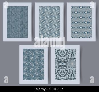 Eine elegante Kollektion aus komplizierten blauen Mustern in wunderschön gefertigten gerahmten Prints Stockfoto