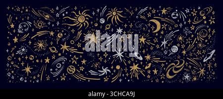 Handgezeichnete Buntstifte Gold und Silber Skizze Weltraum Luxus Hintergrund. Himmlische kosmische Kreide, Bleistift, Pinsel Zeichnung kosmische Design. Shooting Str. Stock Vektor