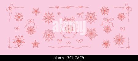 Set mit Designelementen für frohe Weihnachten und Happy New Year im Coquette-Stil. Niedliche handgezeichnete rosafarbene Schneeflocken, Rahmen mit Schleifenband und Trennwände. F Stock Vektor