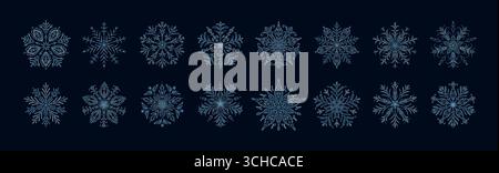 Set aus schönen ästhetischen detaillierten handgezeichneten skurrilen blauen und silbernen Schneeflocken mit dunklem Hintergrund. Heiligabend, Nachthimmel-Hintergrund des Neujahrs. Stock Vektor