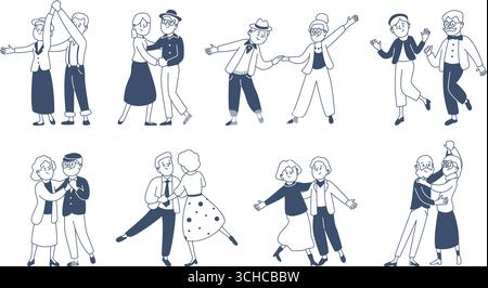 Doodle tanzende alte Paare. Ältere Charaktere verschiedene aktive Posen. Älteres Hobby, verliebtes Paar, Tanz am Abend oder am Abend, neue Vektoren Stock Vektor