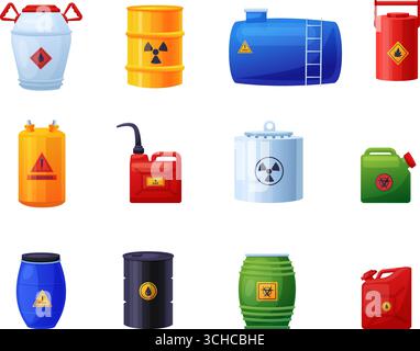 Giftige Behälter. Metall- und Kunststoffkanister und -Fässer mit chemischer flüssiger Substanz. Brennbare Elemente, Behälter zur Lagerung, heute Vektorse Stock Vektor