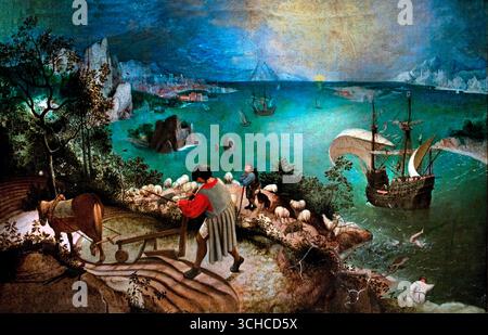 Landschaft mit dem Fall des Ikarus, 1555 Künstler Brueghel, Pieter der ältere 1515-69) ( Icarus zum Beispiel: Wie sich alles ganz gemächlich von der Katastrophe abwendet; der Pflugmann mag das Spritzen, den verlassenen Schrei gehört haben, aber für ihn war es kein wichtiger Fehler; die Sonne schien wie nötig auf den weißen Beinen, die im grünen Wasser verschwanden; und das teure, empfindliche Schiff, das etwas erstaunliches gesehen haben muss, ein Junge, der vom Himmel fiel, hatte einen Ort, an dem man hinkommen konnte, und segelte ruhig weiter.) Stockfoto