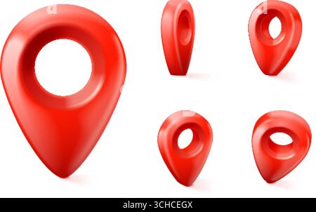 3D-Geo-Pin. Realistische Karte Geotag, rote Pin Straßenpunkt Ortsmarkierung Adresse Navigationsmarke Ortsmarkierung Ortsmarkierung Ortsmarkierung Positionszeiger Reiseroute mA Stock Vektor