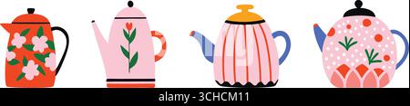 Farbenfrohe, skurrile Teekannen im Retro-Stil – lebendige Illustrationskollektion mit Blumen und Natur Stock Vektor