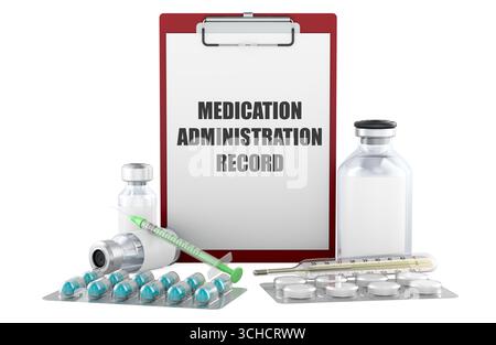 Medikamentenverabreichung Notieren Sie die Aufschrift auf der Zwischenablage mit Tabletten, Durchstechflaschen und Spritzen. 3D-Rendering isoliert auf weißem Hintergrund Stockfoto