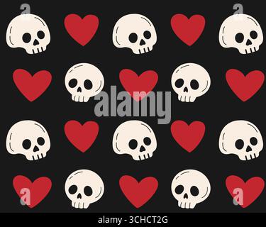 Süßes Totenkopf- und Herzmuster. Vektorabbildung mit flachem Stil. Stock Vektor