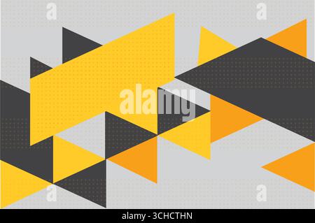 Dynamisches abstraktes Muster mit gelben und dunkelgrauen Dreiecken und Trapezen auf hellgrauem Hintergrund. Das Design verfügt über eine dezente Punktstruktur Stock Vektor