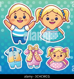 Niedliche bunte Zeichentrickfiguren – fröhliche glückliche Kinder lächelnde Vektor-Illustration mit Polka Dots und lustigen Stickern Stock Vektor