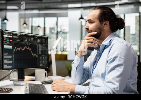 Risikoanalyst, der die Handelsplattform nutzt, um Anzeichen für Volatilität an den Börsen zu überprüfen. Mitarbeiter eines Unternehmens, der Berichte zur Portfolioleistung analysiert und auf potenzielle finanzielle Risiken überprüft Stockfoto