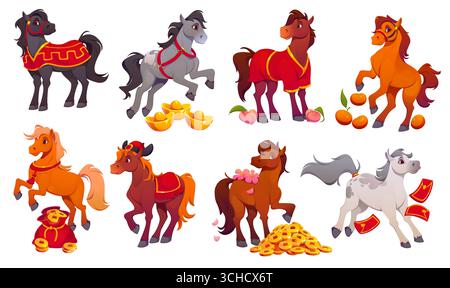 Chinesisches Neujahrs-Zeichentrickfilm Pferd Tierfiguren, Vektor CNY Feiertag, asiatische Mondkalender Persönlichkeiten. Zeichentrick-Sternzeichen Feuerpferd-Charaktere mit Chine Stockfoto