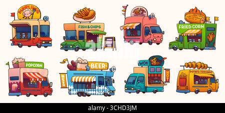 Food Truck Cars, Festival Street Foodtruck Transporter mit Comic Popcorn, Knödel, Wok und Bier Getränkeladen am Rad. Vector Restaurant Food Trucks mit Fish and Chips, gebratenem Mais und Kartoffeltornado Gerichte Stock Vektor