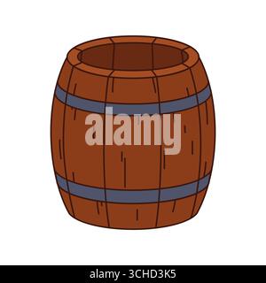 Cartoon grooviger Pirate und Korsar leeres Holzfass. Vektor rustikal, Holz, zylindrisches Fass, gebunden durch Metallreifen. Pub- oder Bar-Brauereiartikel zur Aufbewahrung von Rum, Schießpulver, Gold, Bier, Wein oder Proviant Stock Vektor