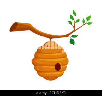 Cartoon Bienenstock auf Baumzweig für Honigbienenhaus oder Haus, Vektor Wildbienenstock. Wilder Bienenstock, der an einem Baumzweig hängt, für Hummeln oder Wespen Wohnhaus und Kinder Märchenillustration Stock Vektor