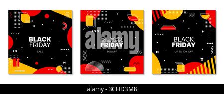 Black Friday Sale Banner mit Memphis Formen in abstraktem Design, Vektorhintergründe. Black Friday Sale Poster für Shops, Rabattangebot und Verkaufsaktion mit dem besten Angebot für Shoppingverkäufe Stock Vektor