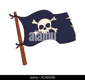 Cartoon grooviger Pirate und Korsair schwarze Flagge auf Holzstange mit Schädel und Kreuzknochen, flattert im Wind. Isoliertes Vektor-Retro-Bannerobjekt mit Jolly roger, Symbol des maritimen Abenteuers Stock Vektor