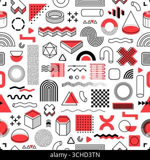 Memphis formt einen nahtlosen Hintergrund mit abstrakten geometrischen Elementen. Vektor modernes Muster aus geometrischen Formen, isometrischen Linienelementen und minimalen Retro-Farbfiguren Stock Vektor