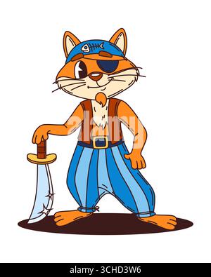 Karikatur-Piratenkatze mit orangefarbenem Pelz, Augenklappe und blau gestreifter Hose mit Schwert. Vektor lustige Katze Tier Korsair Charakter trägt ein Fischgrätenbandana und Weste, strahlt Unfug und Abenteuer aus Stock Vektor