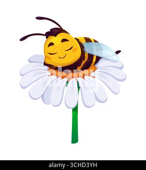 Cartoon lustige niedliche Bienenfigur, die auf Blume schläft, Vektor-Honigbienenfigur. Bienenfigur mit fröhlichem Gesicht, schlafend, schlafend oder schlafend auf Gänseblümchenblüten, fröhlichem Hummelinsekt für Kinder Stock Vektor
