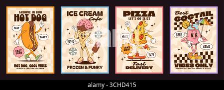Cartoon-Poster mit groovigen Charakteren mit Retro-Fast-Food-Persönlichkeiten wie tanzendem Hot Dog, Eisbecher, Pizzablättchen oder Cocktailbecher mit verspielten Slogans. Vector Vintage Comic Essen und Trinken Promo Stock Vektor