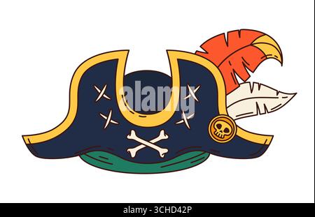 Cartoon-grooviger Piratenhut, Korsar und Captain Tricorn-Objekt. Isolierter Freibeuter, Filibuster-Kopfbedeckung, Piraterie-Kostüm. Vektor-Hahnenkappe, Seefahrerkopfschmuck mit Federn und fröhlichem roger Skull Emblem Stock Vektor