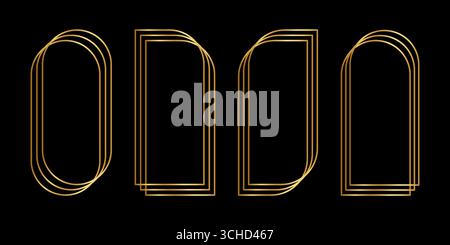 Set aus goldenen Oval-, Bogen-, Halbbogen- und Blattrahmen. Elegante, glänzende Goldschablonen für Hochzeitseinladungen oder Grußkarten, Event- oder Partybanner auf dunklem Hintergrund. Vektorabbildung. Stock Vektor