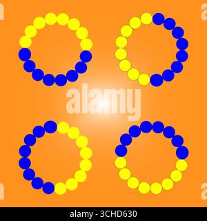 Abstraktes Kreismuster. Gelbe blaue Kugeln. Vier dekorative Ringe. Vektor-Feiertagsschmuck. Stock Vektor