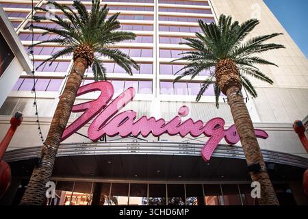 LAS VEGAS - 23. AUGUST 2024: Eingang des Flamingo Las Vegas mit rosafarbenem Retro-Logo von hohen Palmen und Hotelfassade. Flamingo Las vegas ist der Strip Stockfoto