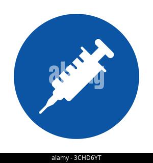 Ein einfaches weißes Spritzensymbol vor einem blauen Kreis, das Gesundheits- und medizinische Themen repräsentiert. Geeignet für verschiedene Projekte im Gesundheitswesen und mA Stock Vektor
