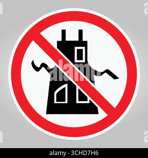 Ein skurriles Verbotsschild mit einer cartoonischen, verwunschenen Haussilhouette, präsentiert in einem leuchtenden roten Kreis. Ideal für Halloween-Themen und PlayFu Stock Vektor