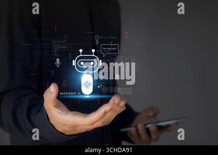 AI Assistant Concept man hält holographischen Chatbot Stockfoto