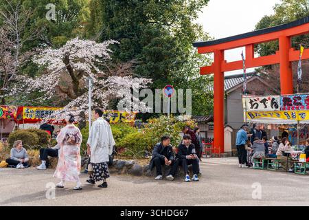 Kyoto, Japan. Die Menschenmassen versammeln sich, um die Kirschblüten unter dem berühmten weinenden Sakura mit Festivalständen im Maruyama Park zu beobachten. Stockfoto