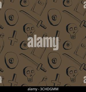 Nahtloses Halloween-Muster mit Totenkopf-Schwertflaschen und gruseligen Doodle-Elementen auf braunem Hintergrund für gruseliges Weihnachtsdesign Stock Vektor