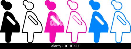 Vektor-Illustration von sechs stilisierten schwangeren Frauen-Ikonen in Schwarz, Rosa und Blau, umrissen und gefüllt. Ideal für Mutterschaft, Gesundheit oder medizinisches Design Stock Vektor