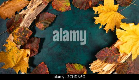 Herbstblätter in leuchtenden Gelb- und Brauntönen sind künstlerisch als kreisförmiger Rahmen auf strukturiertem blaublauem Hintergrund angeordnet und schaffen ein warmes und einladendes Ambiente Stockfoto