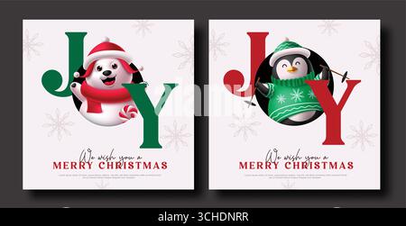 Fröhliche WEIHNACHTSFREUDE mit Eisbären- und Pinguinfiguren für festliche Grußkarten Stock Vektor