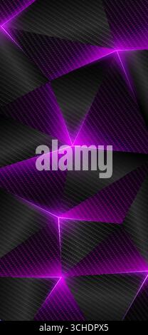 Kohlefaser mit niedrigem Polyhintergrund. Abstrakte geometrische Smartphone-Hintergrundbilder, leuchtende Linien, Dreieck. Grauer, violetter Hintergrund mit niedrigen Poly-Dreiecken. Stock Vektor