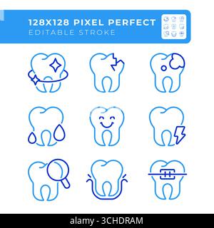 Pixel Perfect 2 Farblinien-Icons für die zahnärztliche Versorgung Stock Vektor
