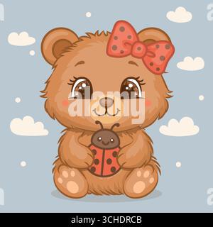 Niedlicher Cartoon Bär mit roter Haarschleife und Marienkäfer. Vektorillustration des Tieres auf blauem Hintergrund mit Wolken. Stock Vektor