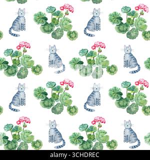 Graue Tabby-Katzen, grüne Geranienblätter und rosafarbene Blumen nahtloses Muster auf beigem Hintergrund. Zartes und verspieltes Material Stockfoto