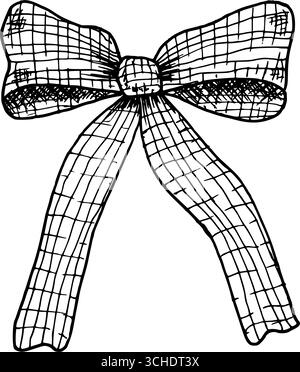Schleife mit Karomuster. Vektorillustration eines einfachen Farbbands. Grafik mit schwarzer linearer Kontur im Doodle-Stil. Handgezeichnete Linie zum Färben Stock Vektor