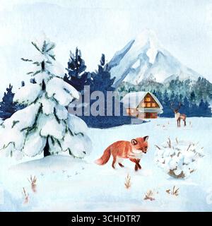 Fuchs, Rentiere, Hütte Winterlandschaft Aquarellillustration. Hochwertige handgezeichnete Kunst, perfekt für Karten, Poster, Bücher, Wohnkultur, als Design Stockfoto