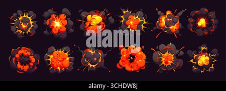 Comic Bomb Explosion Explosion Effekt mit Cartoon Feuer und Rauch Boom Wolken, Vektor Set. TNT Bomb explodiert mit Rauchwolkenpilz aus Atombombenexplosion mit Puffs für den Comic-Dynamit-Explosionseffekt Stock Vektor